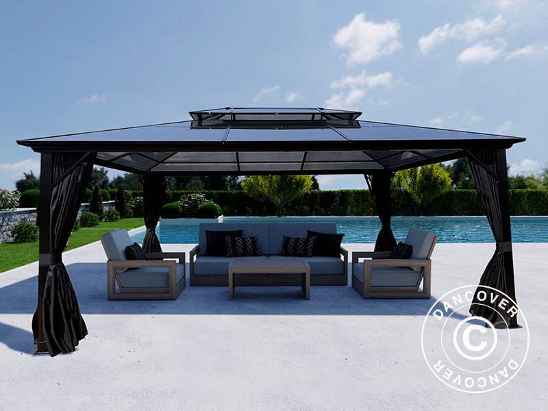 Paviljong Santa Ana m/gardiner og myggnetting, 3,65x4,85m, Svart