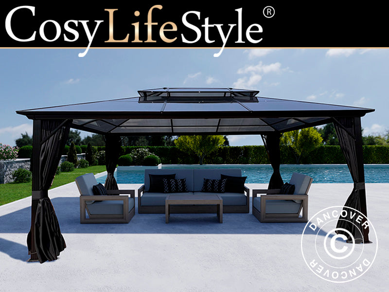 Paviljong Santa Ana m/gardiner og myggnetting, 3,65x4,85m, Svart