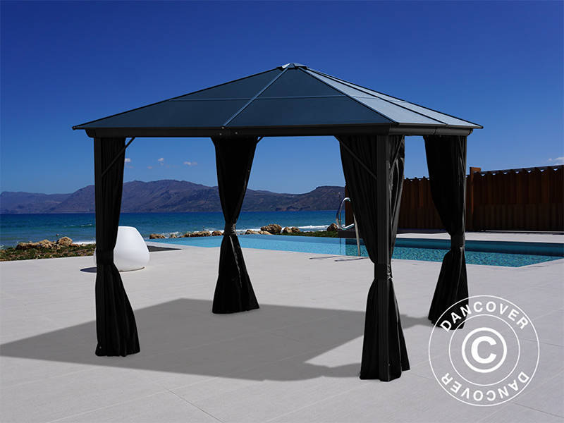 Paviljong Santa Barbara m/gardiner og myggnetting, 3x3m, Svart