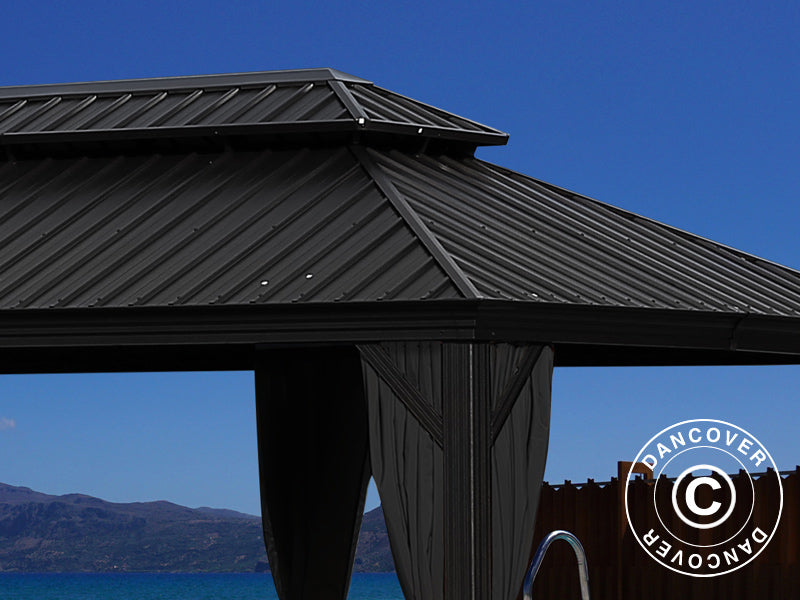 Paviljong Santa Fe Alu+ m/gardiner og myggnetting, 3,65x6m, Svart