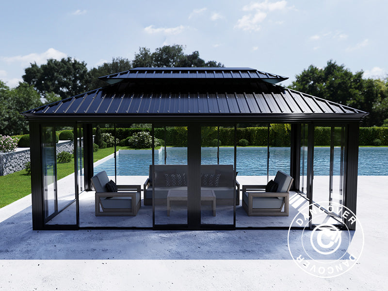 Lysthus Santa Fe med sidevegger og skyved&oslash;rer, 3,65x6m, Svart