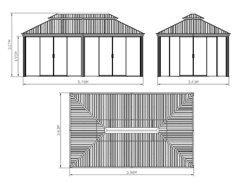 Lysthus Santa Fe med sidevegger og skyved&oslash;rer, 3,65x6m, Svart