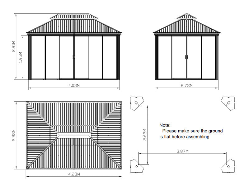 Paviljong Santa Fe med sidevegger og skyved&oslash;rer, 3x4,25m, Svart