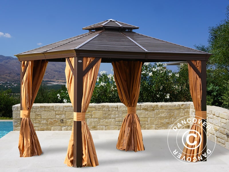 Paviljong San Bruno m/gardiner og myggnetting, 3x3m, Brun