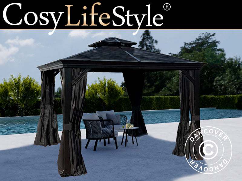 Paviljong San Bruno Alu+ m/gardiner og myggnetting, 3x3m, Svart