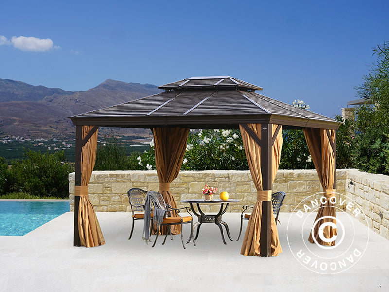 Paviljong San Bruno m/gardiner og myggnetting, 3x4m, Brun