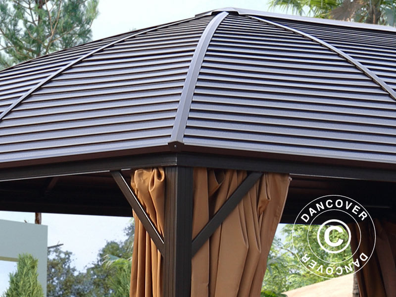 Paviljong San Jose m/gardiner og myggnetting, 3x4m, Brun