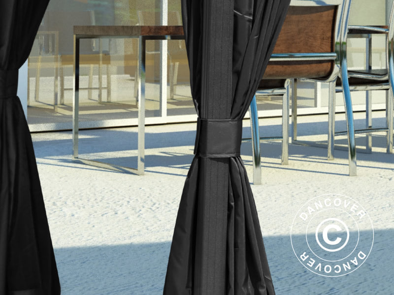 <p>Paviljong San Luis m/gardiner og myggnetting, 3x3m, Svart BARE 1 STK. IGJEN</p>