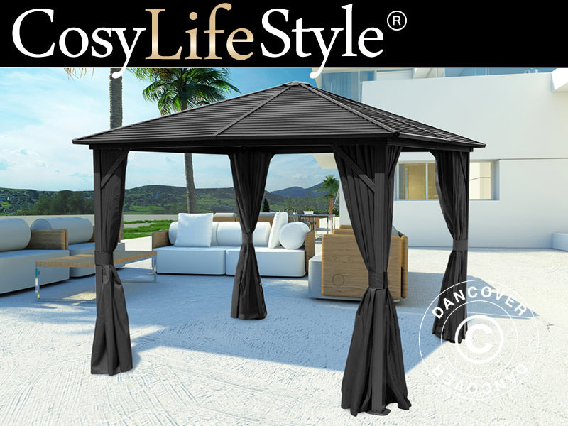 <p>Paviljong San Luis m/gardiner og myggnetting, 3x3m, Svart BARE 1 STK. IGJEN</p>