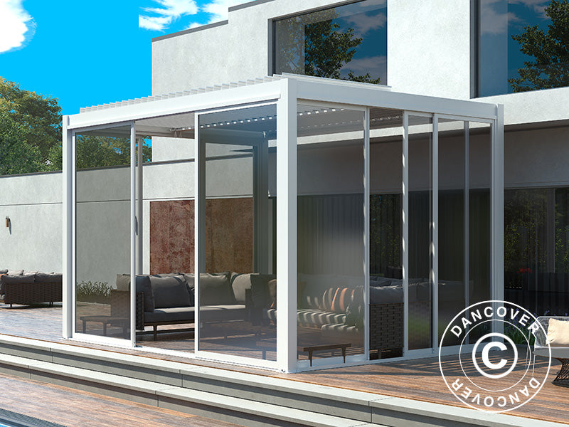 Bioklimatisk pergola-paviljong San Pablo Alu+ m/skyvedører, 3x4m, Hvit