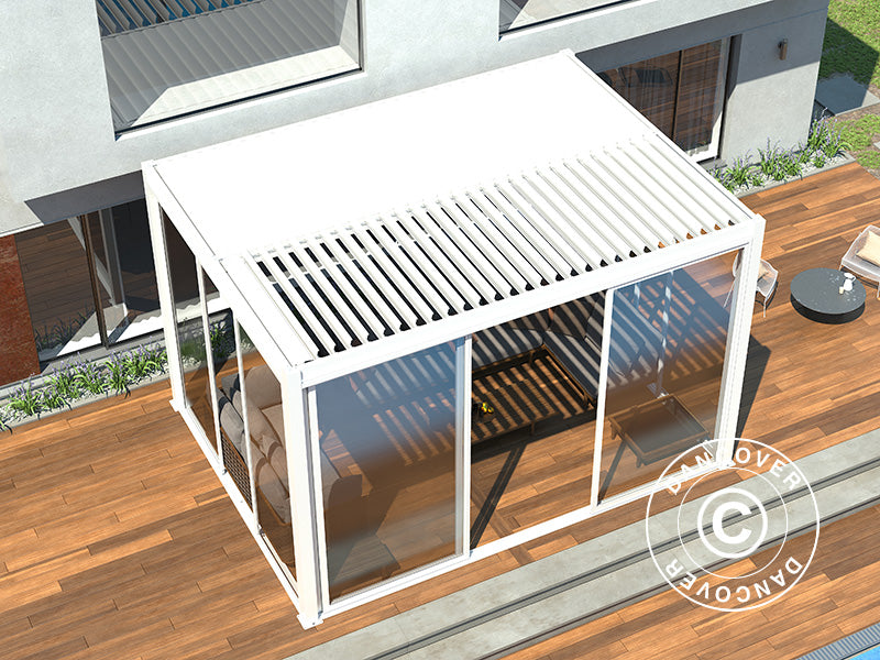 Bioklimatisk pergola-paviljong San Pablo Alu+ m/skyved&oslash;rer, 4x4m, Hvit