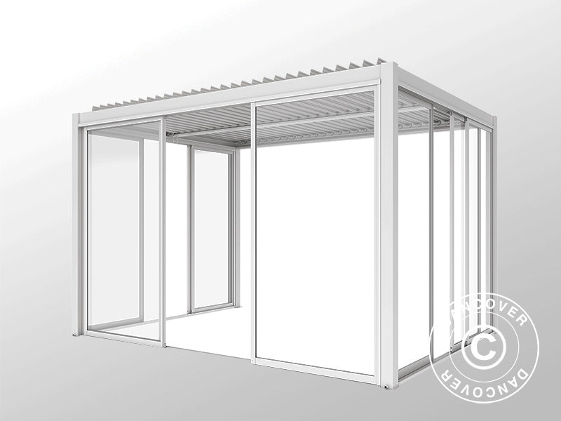 Bioklimatisk pergola-paviljong San Pablo Alu+ m/skyved&oslash;rer, 4x4m, Hvit