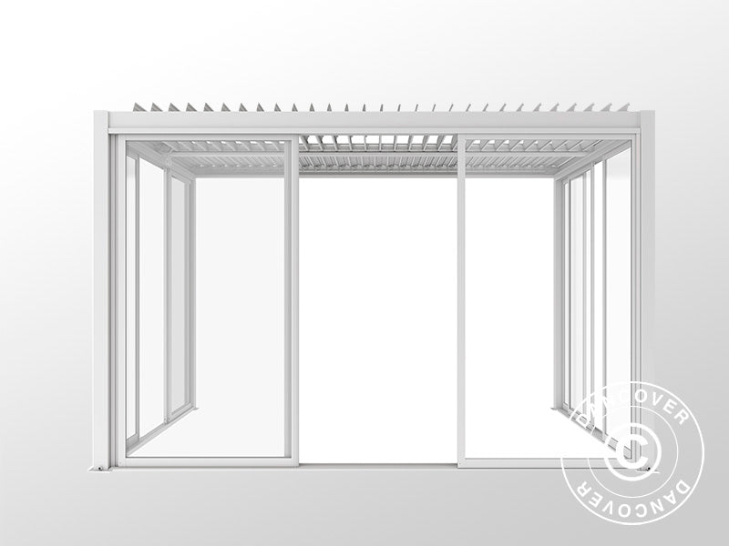 Bioklimatisk pergola-paviljong San Pablo Alu+ m/skyved&oslash;rer, 4x4m, Hvit
