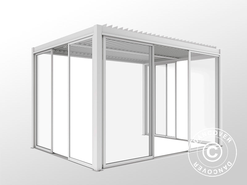 Bioklimatisk pergola-paviljong San Pablo Alu+ m/skyved&oslash;rer, 4x4m, Hvit