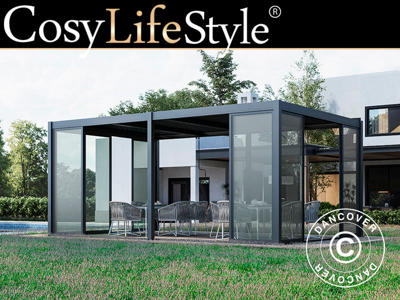 Bioklimatisk pergola-paviljong San Pablo Alu+ m/skyved&oslash;rer, 3x5,8m, Svart