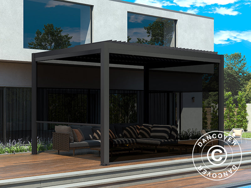 Bioklimatisk pergola-paviljong San Pablo Alu+, 4x4m, med 4 sidevegger, Svart