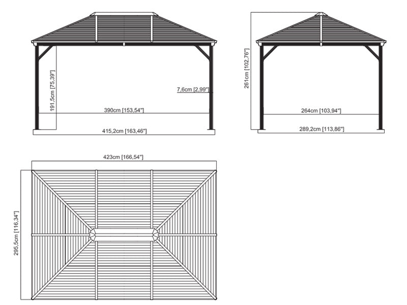 Paviljong Ventura m/gardiner og myggnetting, 4,23x2,96x2,61m, 12,5m², Antrasitt