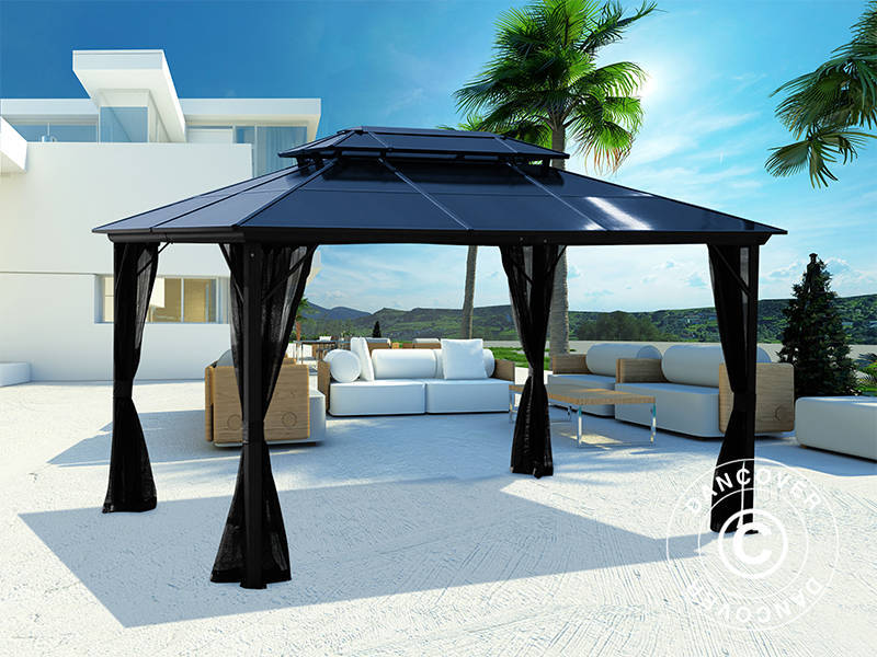 Paviljong Santa Ana m/gardiner og myggnetting, 3x4m, Svart