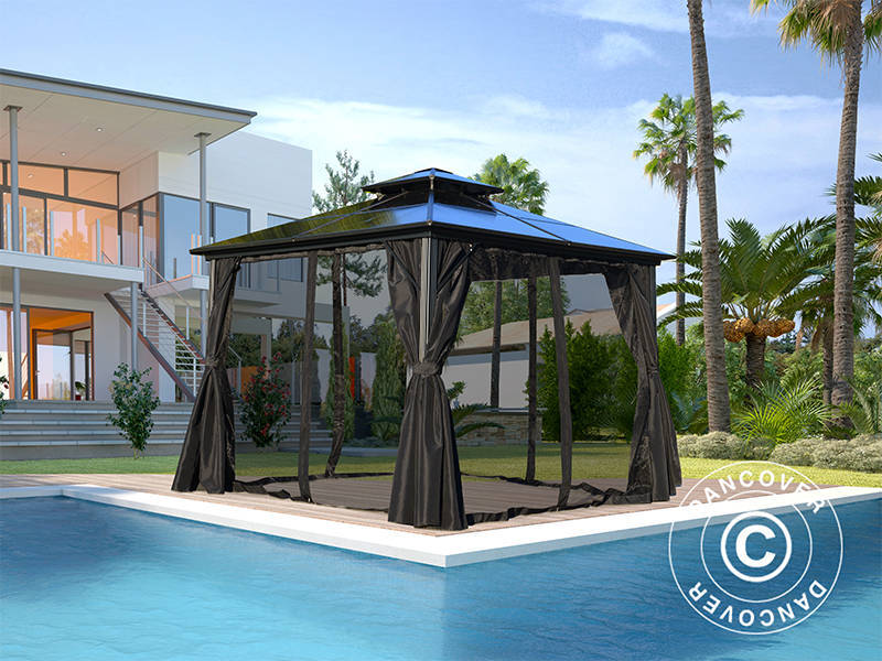 Paviljong Santa Ana m/gardiner og myggnetting, 3x3m, Svart