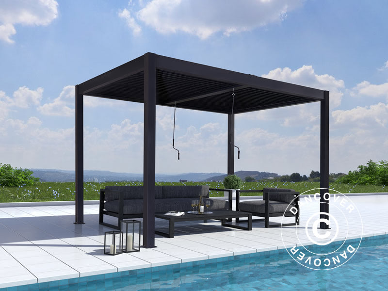 Bioklimatisk pergolapaviljong San Remo m/2 sidevegger, 3x4m, Antrasitt