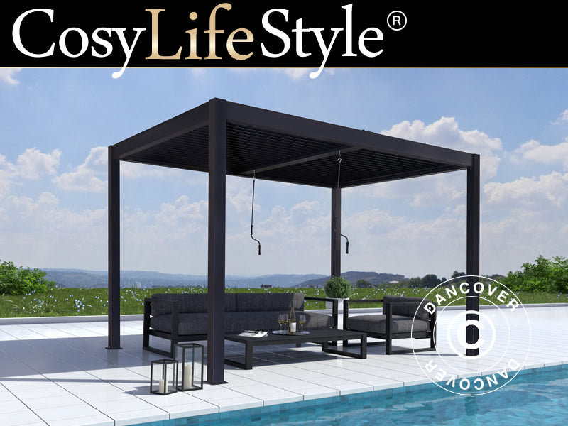 Bioklimatisk pergolapaviljong San Remo m/2 sidevegger, 3x4m, Antrasitt