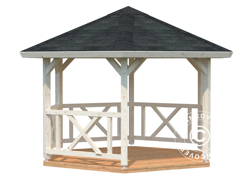Paviljong i tre m/tregulv, 3,37x3,37x3,13m, 9,9m², Naturlig