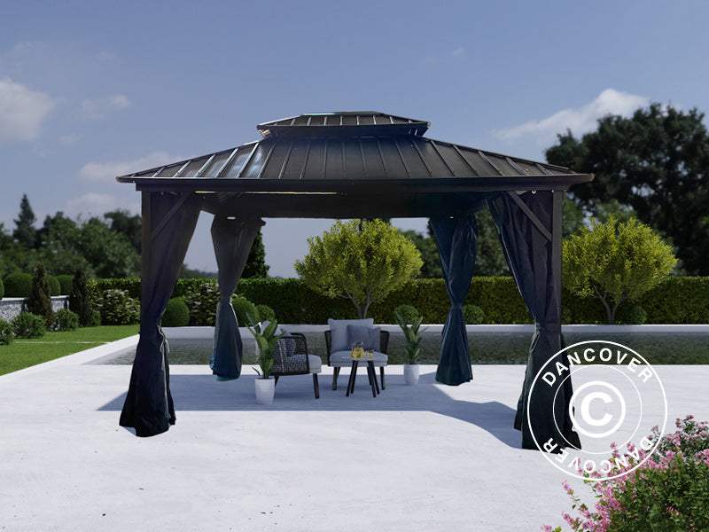 Paviljong San Francisco m/gardiner og myggnetting, 3x3,65m, Svart BARE 1 STK. IGJEN