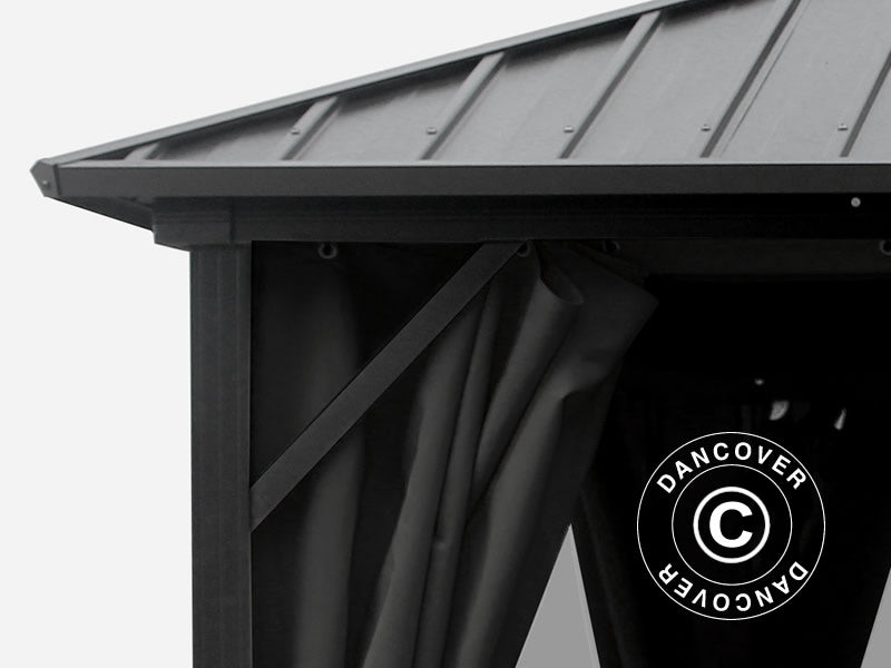 Paviljong San Francisco m/gardiner og myggnetting, 3x3,65m, Svart BARE 1 STK. IGJEN