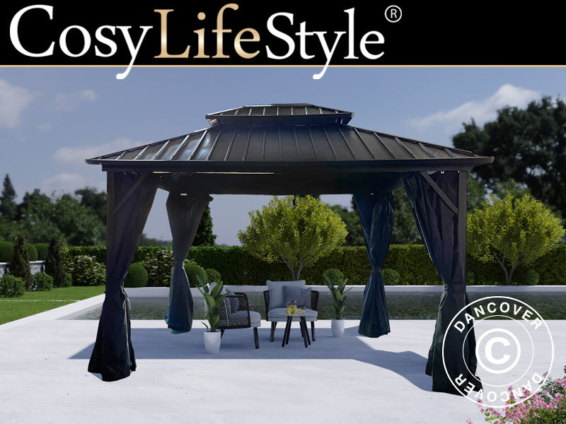 Paviljong San Francisco m/gardiner og myggnetting, 3x3,65m, Svart BARE 1 STK. IGJEN