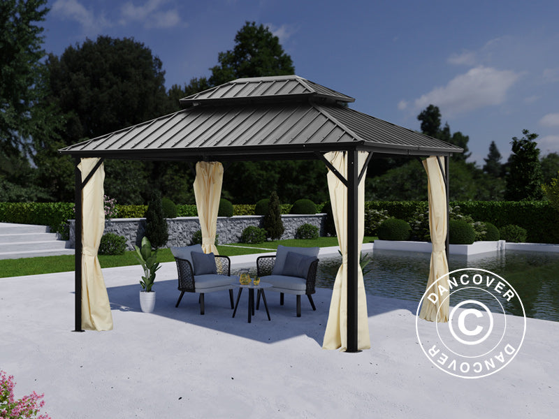 Paviljong San Francisco m/gardiner og myggnetting, 3x3,65m, Svart/Beige