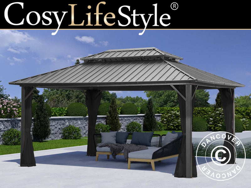 Paviljong San Francisco m/gardiner og myggnetting, 3,65x4,85m, Svart/Grå