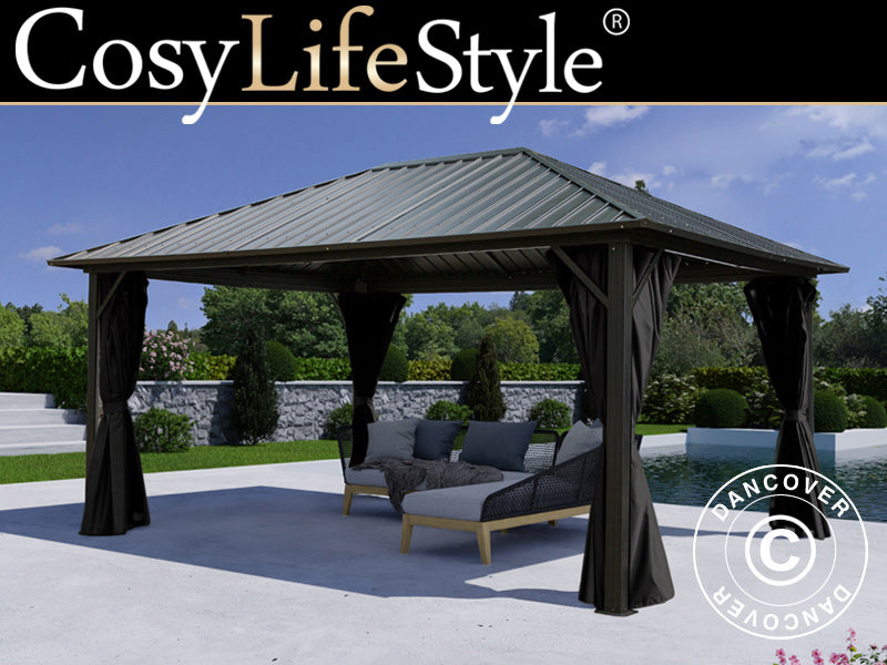 Paviljong San Bernardino m/gardiner og myggnetting, 3,65x4,85m, Svart