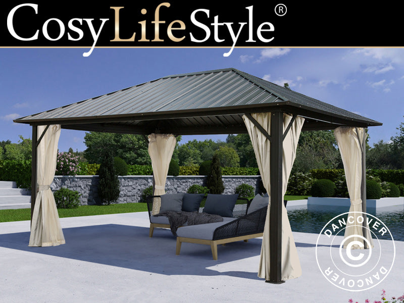 Paviljong San Bernardino m/gardiner og myggnetting, 3,65x4,85m, Svart/Beige