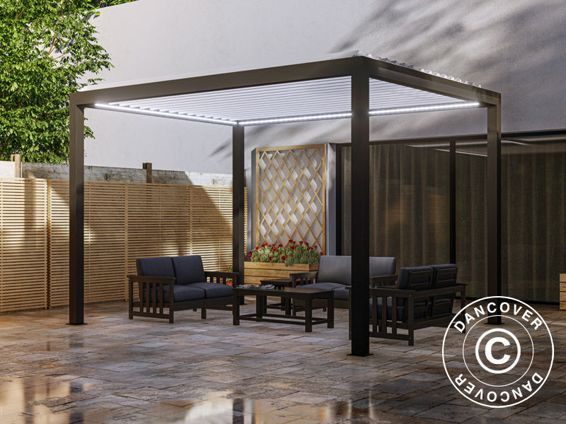 Bioklimatisk pergola-paviljong Génova m/LED-lys, 4x3m, Antrasitt/Hvit