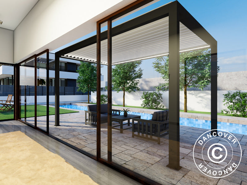 Bioklimatisk pergola-paviljong Génova m/LED-lys, 4x3m, Antrasitt/Hvit