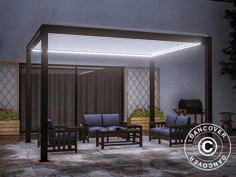 Bioklimatisk pergola-paviljong Génova m/LED-lys, 4x4m, Antrasitt/Hvit