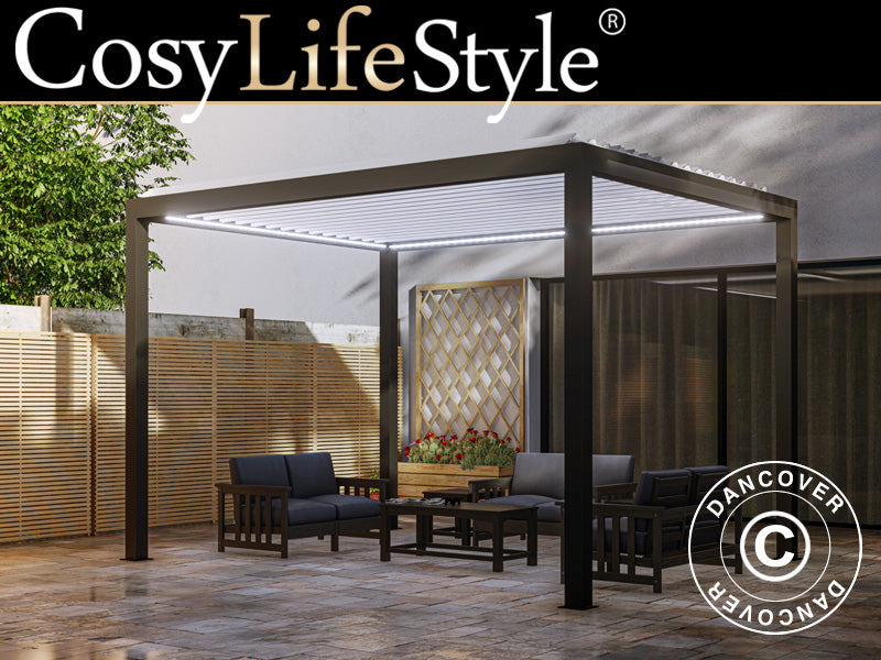 Bioklimatisk pergola-paviljong Génova m/LED-lys, 4x4m, Antrasitt/Hvit