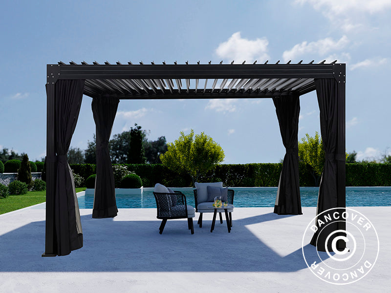 Bioklimatisk pergola-paviljong Monterey, 3x4m, m/gardiner og myggnett, Svart