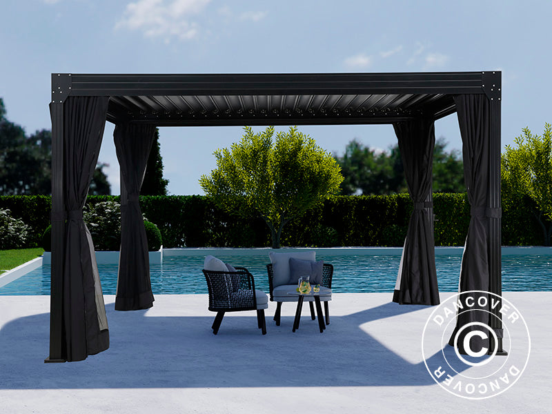 Bioklimatisk pergola-paviljong Monterey, 3x4m, m/gardiner og myggnett, Svart