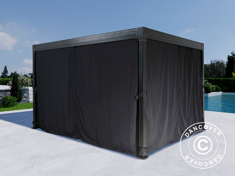 Bioklimatisk pergola-paviljong Monterey, 3x4m, m/gardiner og myggnett, Svart