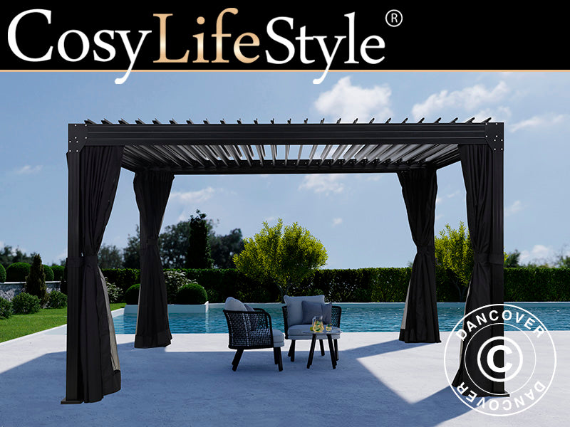 Bioklimatisk pergola-paviljong Monterey, 3x4m, m/gardiner og myggnett, Svart