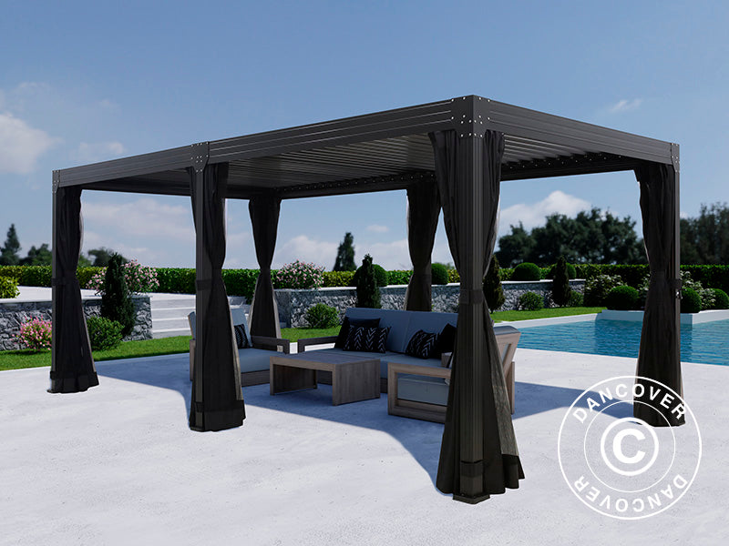 Bioklimatisk pergola-paviljong Monterey, 3x6m, m/gardiner og myggnett, Svart
