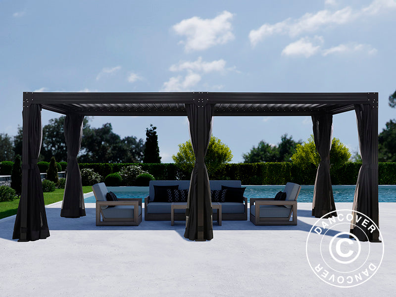 Bioklimatisk pergola-paviljong Monterey, 3x6m, m/gardiner og myggnett, Svart