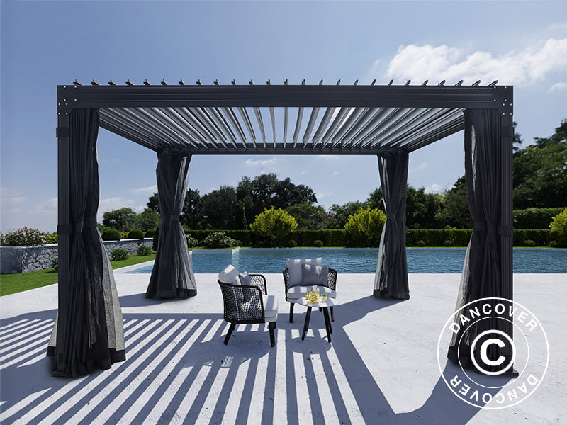 Bioklimatisk pergola-paviljong Monterey, 4x4m, m/gardiner og myggnett, Svart