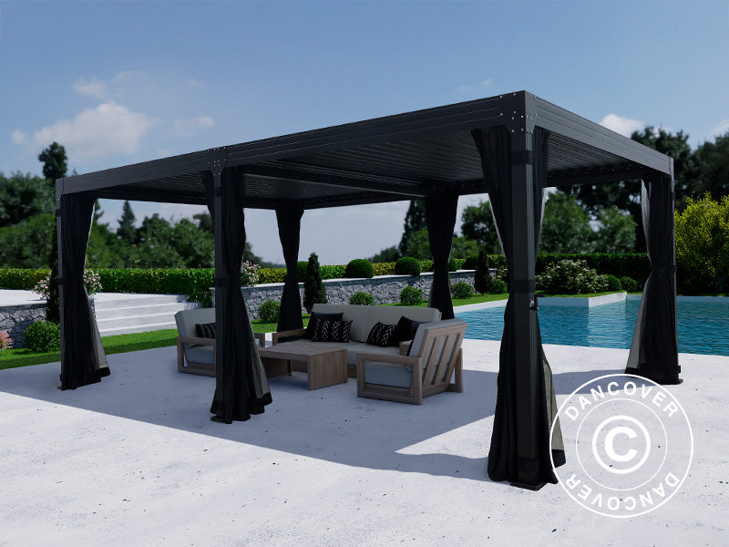 Bioklimatisk pergola-paviljong Monterey, 4x6m, m/gardiner og myggnett, Svart