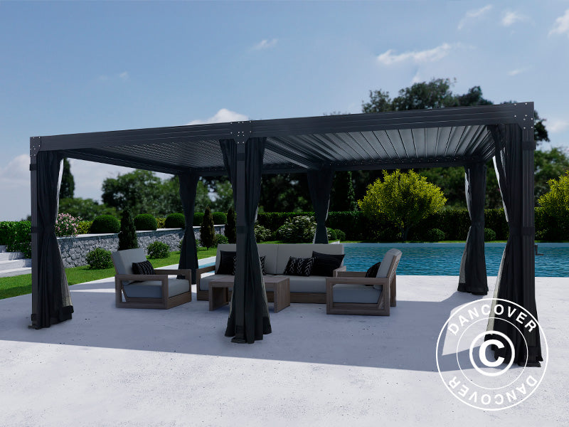 Bioklimatisk pergola-paviljong Monterey, 4x6m, m/gardiner og myggnett, Svart