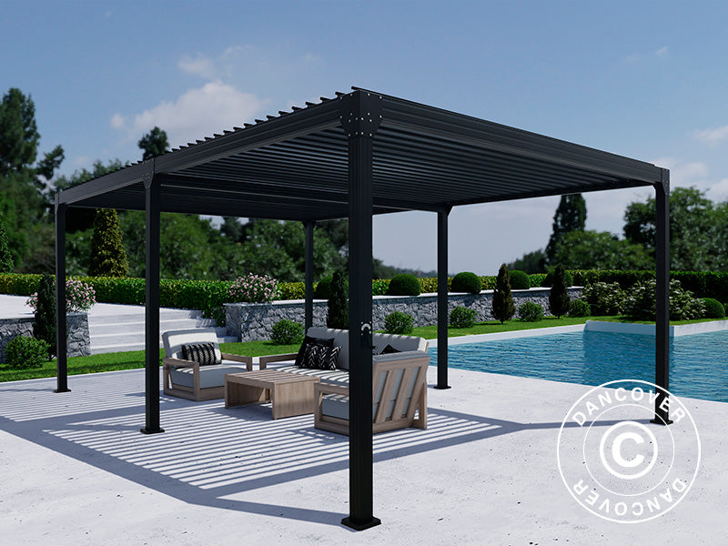 Bioklimatisk pergola-paviljong Monterey, 4x6m, m/gardiner og myggnett, Svart
