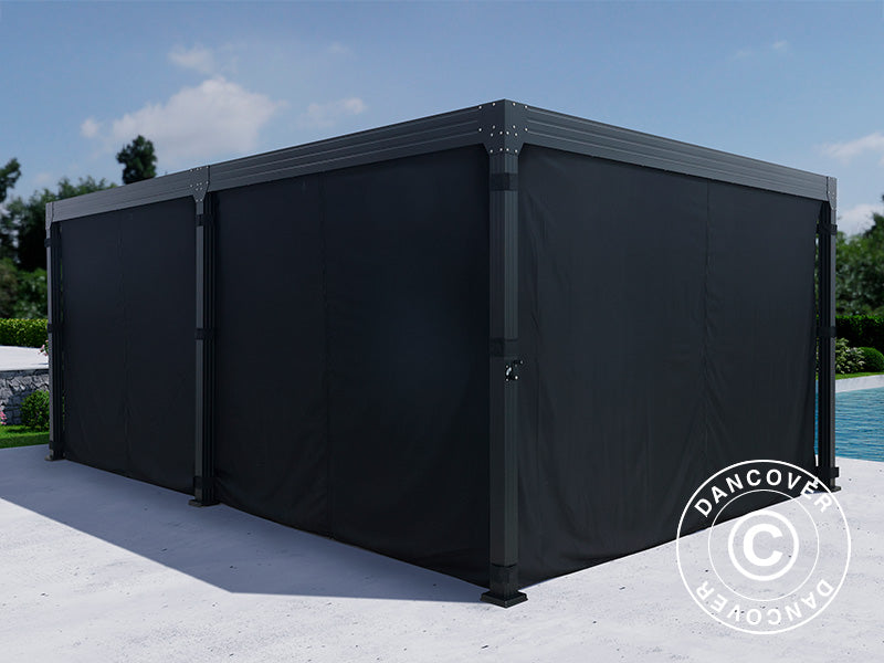 Bioklimatisk pergola-paviljong Monterey, 4x6m, m/gardiner og myggnett, Svart