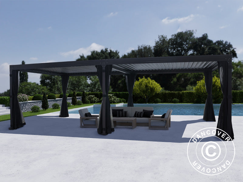 Bioklimatisk pergola-paviljong Monterey, 4x8m, m/gardiner og myggnett, Svart