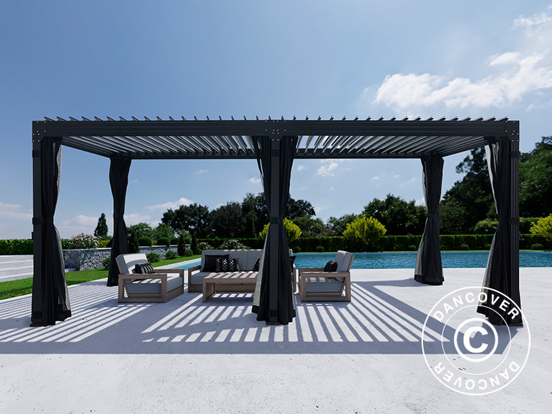 Bioklimatisk pergola-paviljong Monterey, 4x8m, m/gardiner og myggnett, Svart